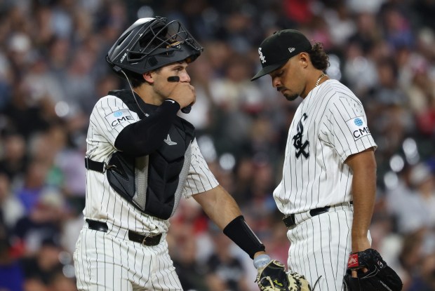 White Sox catcher Drew Romo, left, talks with pitcher Jordan Hicks on the mound in the sixth inning against the Yankees at Rate Field on July 28, 2026, in Chicago. (John J. Kim/Chicago Tribune)