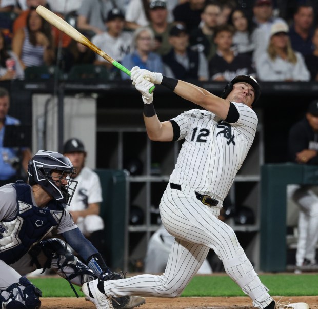 White Sox shortstop Colson Montgomery strikes out swinging in the sixth inning against the Yankees at Rate Field on July 28, 2026, in Chicago. (John J. Kim/Chicago Tribune)