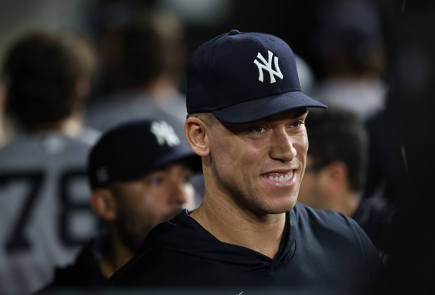 Injured Yankees outfielder Aaron Judge watches from the dugout in the ninth inning against the White Sox at Rate Field on July 28, 2026, in Chicago. (John J. Kim/Chicago Tribune)