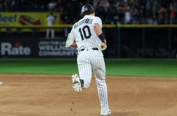 White Sox second baseman Chase Meidroth rounds the bases after hitting a two-run home run in the ninth inning against the Yankees at Rate Field on July 28, 2026, in Chicago. (John J. Kim/Chicago Tribune)