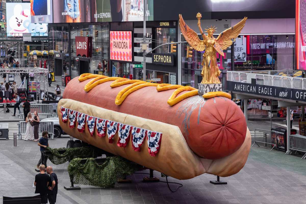 Brooklyn-based artists display revamped 65-foot hot dog sculpture in Times Square