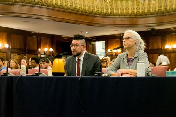 Carlos Ortiz, a deputy commissioner at the Department of Consumer and Worker Protection, left, and Corinne Schiff, a deputy commissioner at the Health Department, testify in favor of a horse carriage ban during a city council hearing at City Hall on Wednesday, July 15, 2026. (Evan Simko-Bednarski / New York Daily News) 