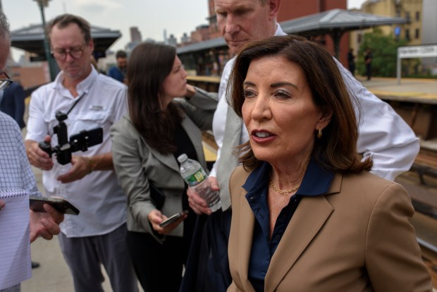 Gov. Kathy Hochul speaks with reporters at the 125th St. Station of the Metro-North Railroad Monday, July 27, 2026. (Evan Simko-Bednarski / New York Daily News)