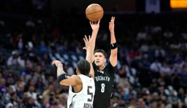 Egor Demin #8 of the Brooklyn Nets California Summer League...