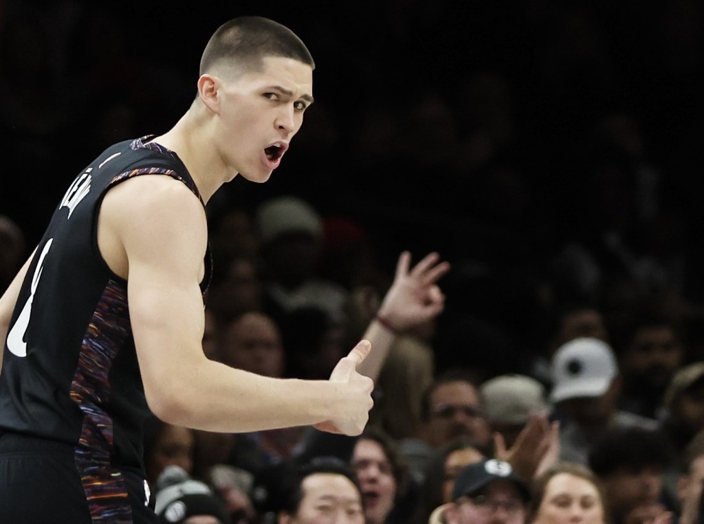 Egor Dëmin, celebrating during a game last season, says he's looking to build a connection with Mikel Brown, the Nets' 2026 top pick and his other teammates at the upcoming NBA Summer League.