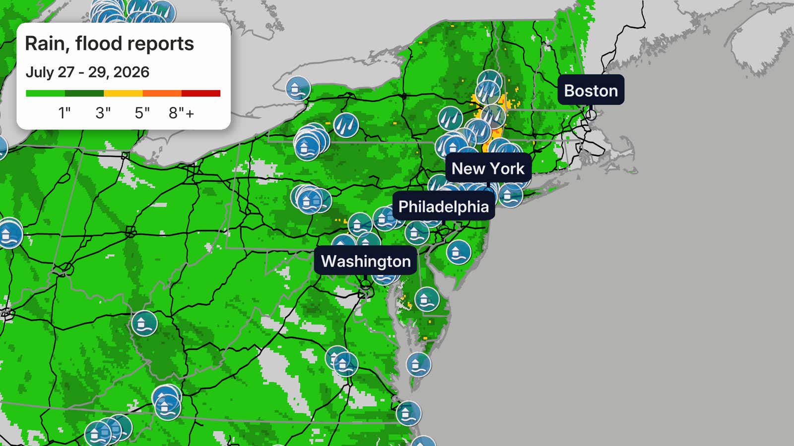 Observed rainfall, flood reports