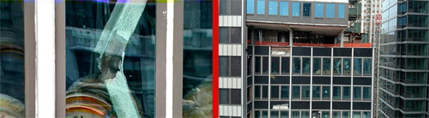 Composite image showing a buckled structural steel member inside the building and the exterior of the former Pfizer headquarters tower in Midtown Manhattan.