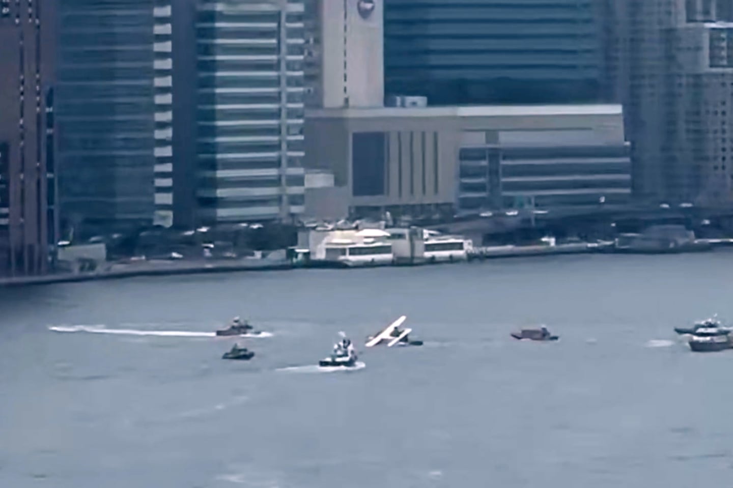 This image taken from video shows a seaplane after it made a rough landing in New York City's East River on Sunday, July 5, 2026, resulting in two minor injuries.