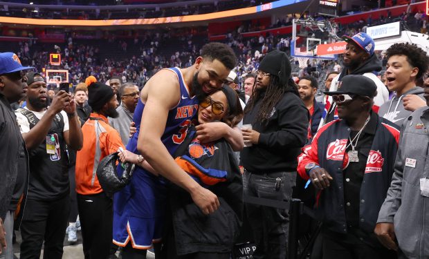 Karl-Anthony Towns of the New York Knicks celebrates with Jordyn Woods after defeating the Detroit Pistons in Game Four of the Eastern Conference First Round NBA Playoffs at Little Caesars Arena on April 27, 2025 in Detroit, Michigan. (Photo by Gregory Shamus/Getty Images)