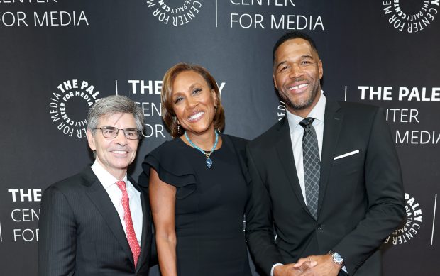 (L-R) George Stephanopoulos, Robin Roberts and Michael Strahan attend the 2025 Paley Honors at The Ziegfeld Ballroom on May 19, 2025 in New York City. (Photo by Michael Loccisano/Getty Images)