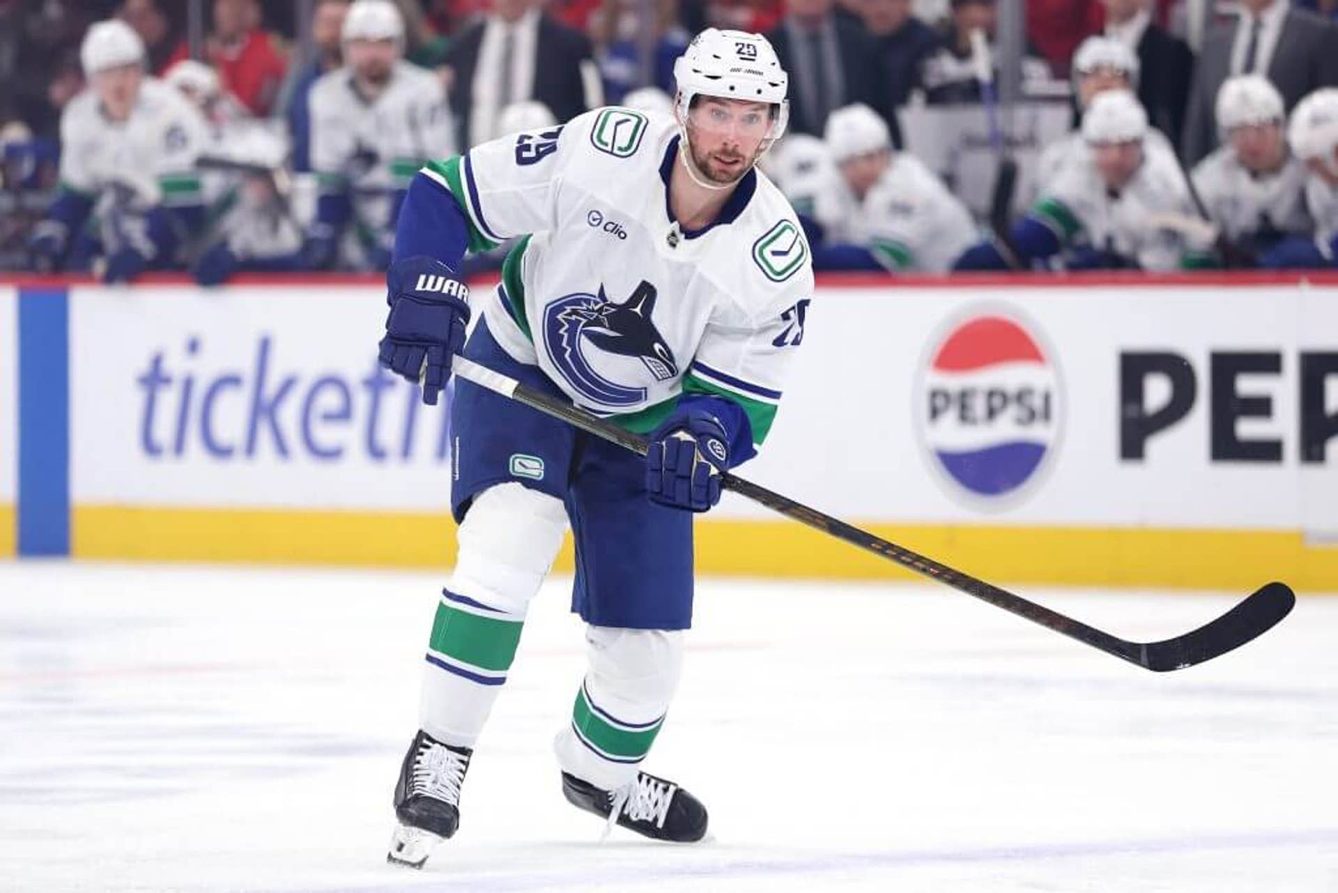 Marcus Pettersson skates during a Canucks game.