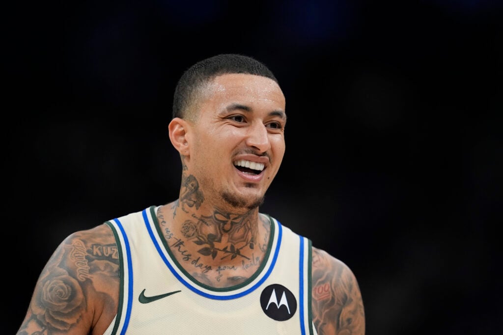 Kyle Kuzma #18 of the Milwaukee Bucks looks on against the Brooklyn Nets during the third quarter at Fiserv Forum.