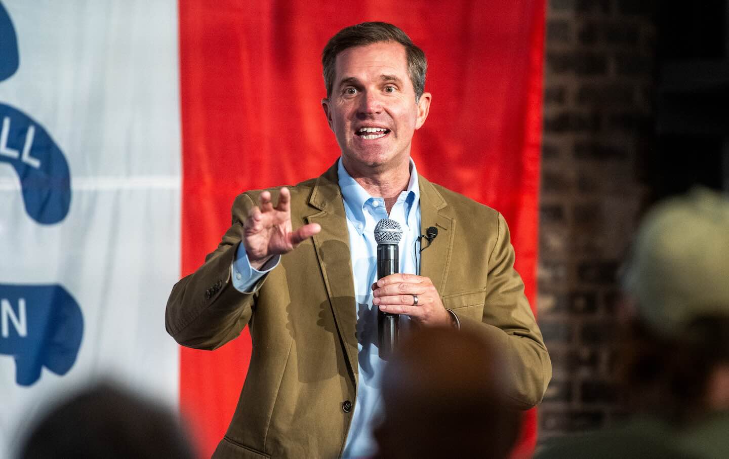 Andy Beshear, governor of Kentucky, speaks during a campaign event with Rob Sand, Democratic gubernatorial candidate for Iowa, not pictured, at the River Center in Des Moines, Iowa, on Sunday, June 7, 2026.