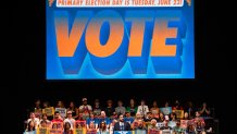 Zohran Mamdani, mayor of New York, during a "Get Out The Vote" rally ahead of a primary election at Kings Theater in the Brooklyn borough of New York, US, on Thursday, June 18, 2026. New York will hold its primary election on June 23.