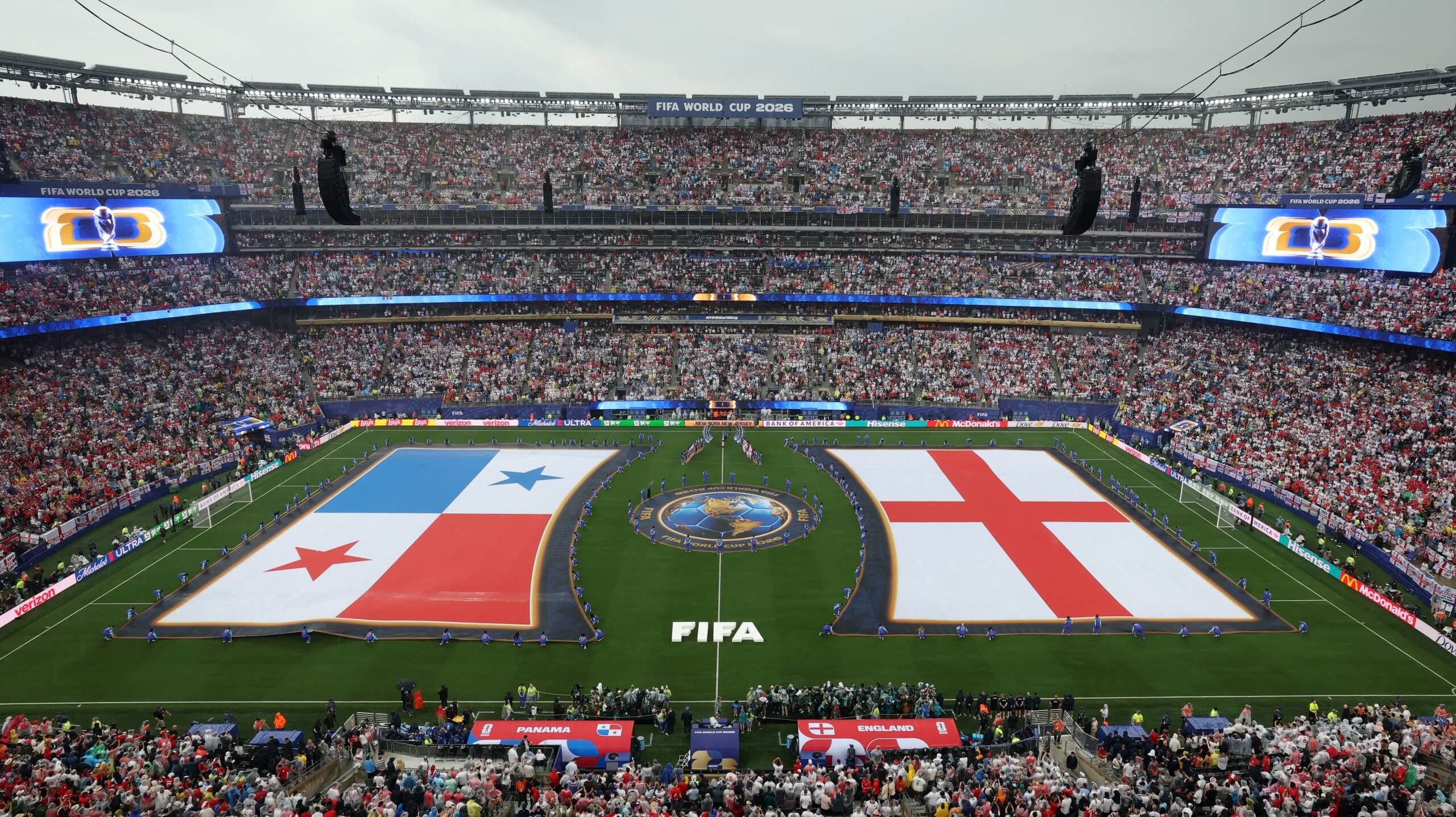 The Panama and England flags on the pitch before kick off