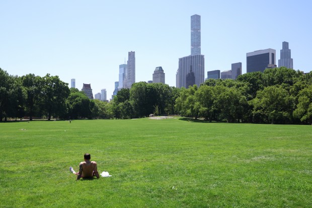 A man sunbathes on the Great Lawn in Central Park during a heatwave in New York City on July 2, 2026.