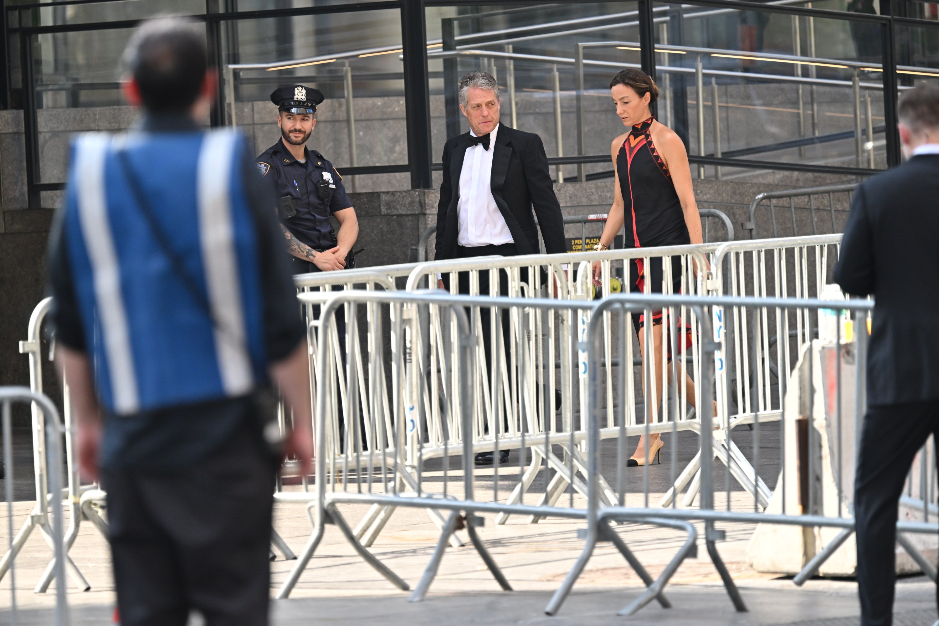Hugh Grant and Anna Elisabet Eberstein arrive at New York’s Madison Square Garden on July 2, 2026.