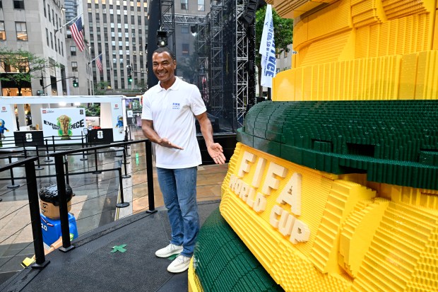 NEW YORK, NEW YORK - JULY 06: Football legend Cafu joins fans as the LEGO Group unveils the world's biggest FIFA World Cup Trophy™ in New York City on July 06, 2026 in New York, New York. (Photo by Eugene Gologursky/Getty Images for LEGO Group)