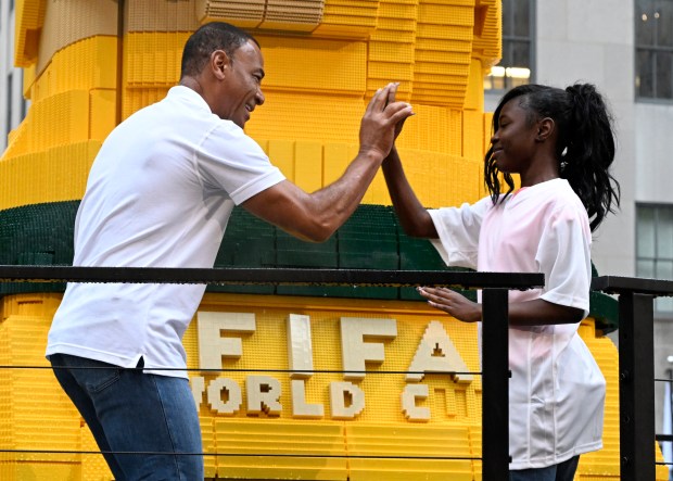 Football legend Cafu joins fans as the LEGO Group unveils the world's biggest FIFA World Cup Trophy™ in New York City on July 06, 2026 in New York, New York.