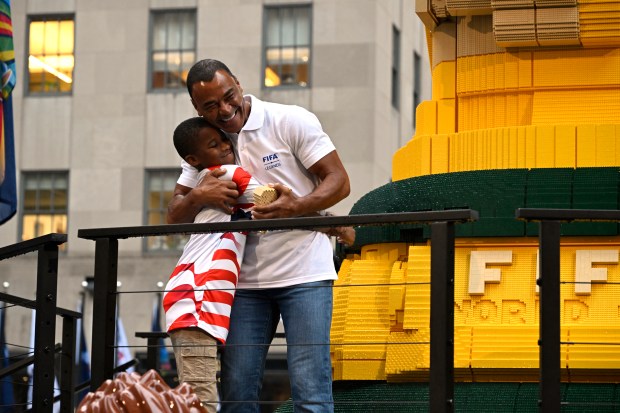 NEW YORK, NEW YORK - JULY 06: Football legend Cafu joins fans as the LEGO Group unveils the world's biggest FIFA World Cup Trophy™ in New York City on July 06, 2026 in New York, New York. (Photo by Eugene Gologursky/Getty Images for LEGO Group)