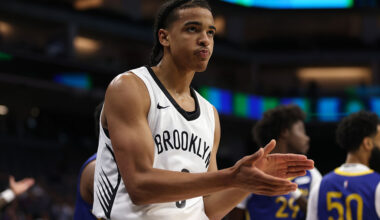 SACRAMENTO, CALIFORNIA - JULY 06: Mikel Brown Jr #0 of the Brooklyn Nets reacts after being fouled while attempting a layup during the first half against the Golden State Warriors during the California Classic at Golden 1 Center on July 06, 2026 in Sacramento, California. NOTE TO USER: User expressly acknowledges and agrees that, by downloading and or using this photograph, User is consenting to the terms and conditions of the Getty Images License Agreement. (Photo by Scott Marshall/Getty Images)