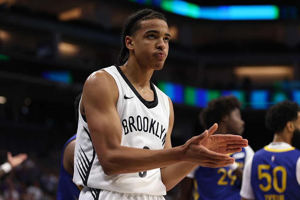 SACRAMENTO, CALIFORNIA - JULY 06: Mikel Brown Jr #0 of the Brooklyn Nets reacts after being fouled while attempting a layup during the first half against the Golden State Warriors during the California Classic at Golden 1 Center on July 06, 2026 in Sacramento, California. NOTE TO USER: User expressly acknowledges and agrees that, by downloading and or using this photograph, User is consenting to the terms and conditions of the Getty Images License Agreement. (Photo by Scott Marshall/Getty Images)