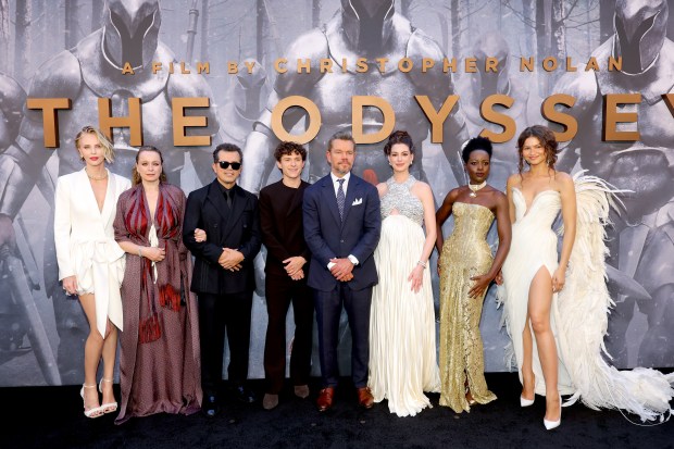 NEW YORK, NEW YORK - JULY 14: (L-R) Charlize Theron, Samantha Morton, John Leguizamo, Tom Holland, Matt Damon, Anne Hathaway, Lupita Nyong'o, and Zendaya attend the premiere of "The Odyssey" presented by Universal Pictures on July 14, 2026 in New York City. (Photo by Mike Coppola/Getty Images for Universal Pictures)