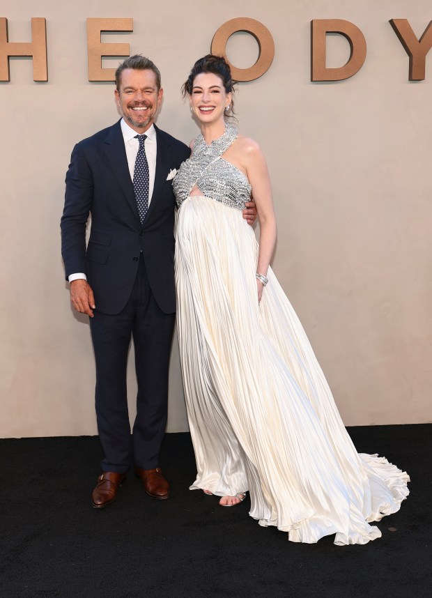 NEW YORK, NEW YORK - JULY 14: (L-R) Matt Damon and Anne Hathaway attend the premiere of "The Odyssey" presented by Universal Pictures on July 14, 2026 in New York City. (Photo by Dimitrios Kambouris/Getty Images for Universal Pictures)