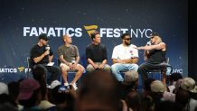 NEW YORK, NEW YORK - JULY 17: (L-R) Chris Costa, Wesley Sneijder, Tom Brady, Karl-Anthony Towns, and Logan Paul speak onstage during the This is Why We Collect panel at Fanatics Fest NYC 2026 at Jacob Javits Center on July 17, 2026 in New York City. (Photo by John Nacion/Getty Images for Fanatics)