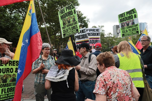 Supporters of ousted Venezuelan President Nicolas Maduro protest outside of The Daniel Patrick Moynihan Federal Courthouse ahead of a pretrial court appearance on July 22, 2026 in New York City.