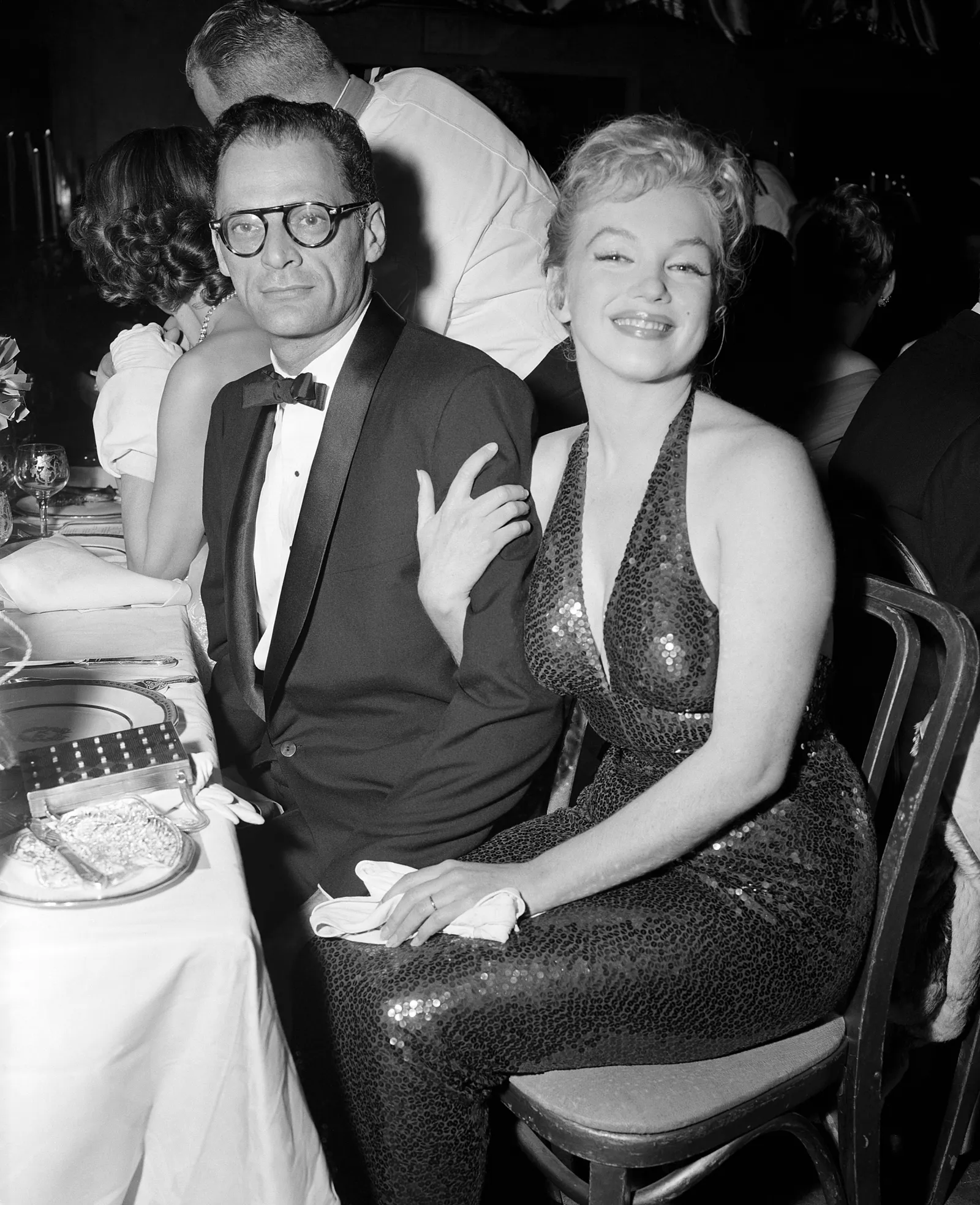 Actress Marilyn Monroe and playwright Arthur Miller attending the April in Paris ball, at the Waldorf-Astoria, which benefits the French Hospital and several philanthropic French-American organizations in New York City