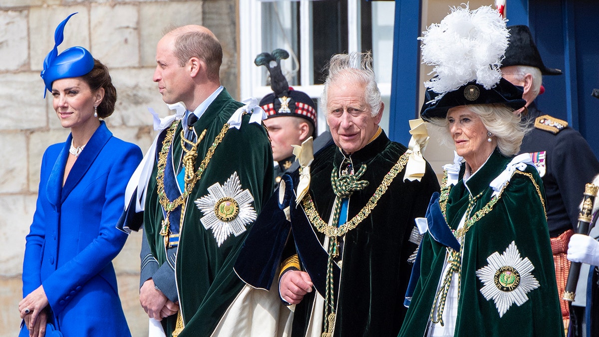 Catherine Princess of Wales Prince William King Charles III and Queen Camilla watching Red Arrows flypast at Holyroodhouse