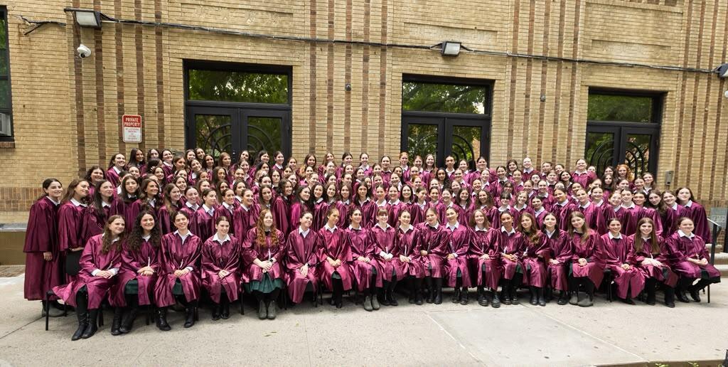The Beth Rivkah High School graduating class poses for a group photo following commencement in Brooklyn, New York (Photo: Yossi Kahane/Beth Rivkah) The Beth Rivkah High School graduating class poses for a group photo following commencement in Brooklyn, New York