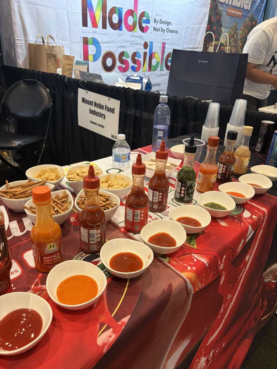 A hot sauce display at the Fancy Food Show.