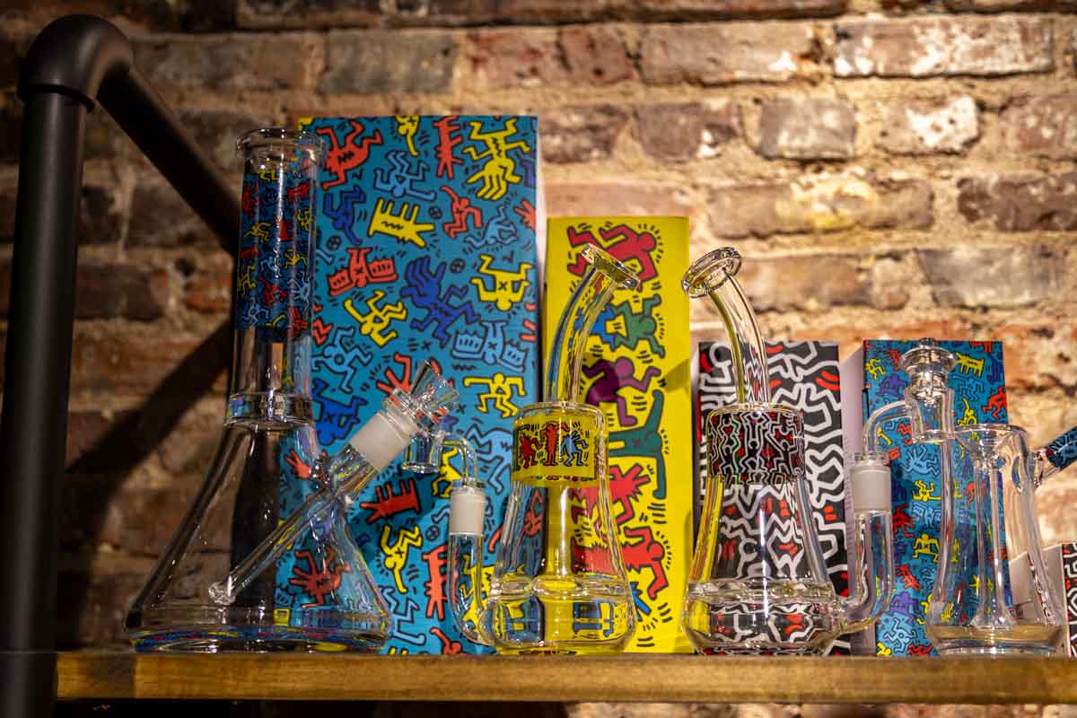 Keith Haring glass is on display at Highest Standards.