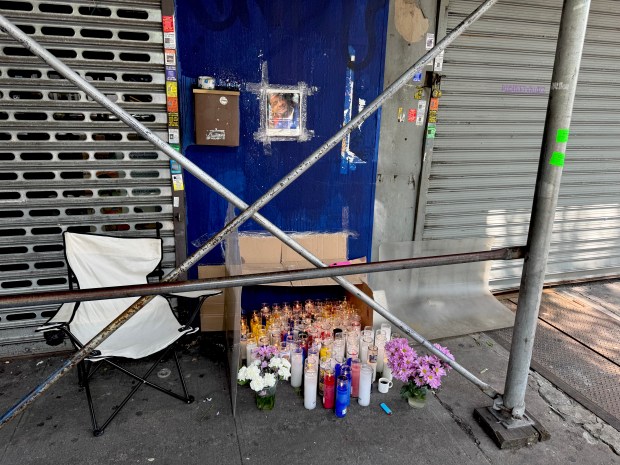 A memorial on Broadway between W. 144th and W. 143rd Sts. for Leonardo Sanchez. 