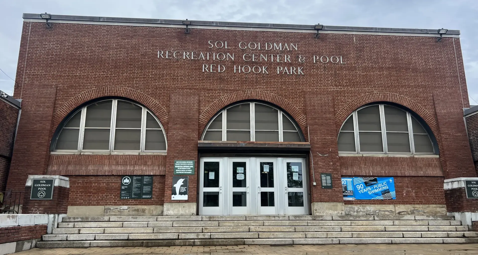 Officials are racing to complete repairs at the pool at Red Hook Park in Brooklyn, July 9, 2026. Credit: Nancy Jiang/The City Reporter