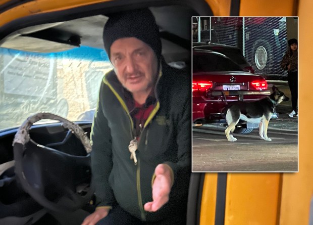Dan Bujor (main) is pictured inside his live-in school bus in Long Island City, Queens, on Jan. 7, 2026. Bujor is accused of leashing two dogs to the back of a car (inset). (Kerry Burke / New York Daily News; Courtesy of Piamsook Homrod) 