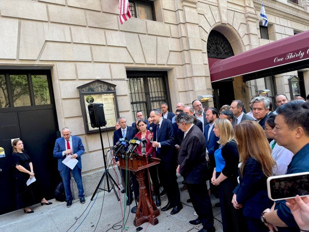 Rabbi Yossie Levine, Rabbi of the Jewish Center, speaks alongside city officials and Jewish community leaders during a press conference regarding an Upper West Side double-stabbing the previous day outside The Jewish Center on W. 86th St. in New York City on Friday, July 24, 2026. (Rebecca White / New York Daily News)