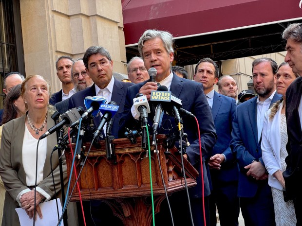 Manhattan Borough President Brad Hoylman-Sigal speaks alongside city officials and Jewish community leaders during a press conference regarding an Upper West Side double-stabbing the previous day outside The Jewish Center on W. 86th St. in New York City on Friday, July 24, 2026. (Rebecca White / New York Daily News)