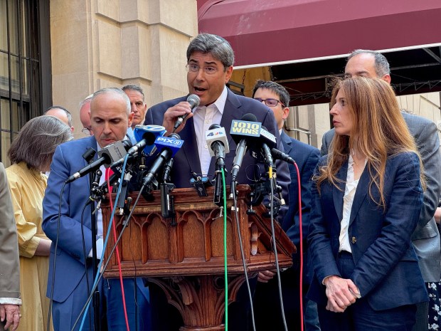 Eric S. Goldstein of the UJA federation speaks alongside city officials and Jewish community leaders during a press conference regarding an Upper West Side double-stabbing the previous day outside The Jewish Center on W. 86th St. in New York City on Friday, July 24, 2026. (Rebecca White / New York Daily News)