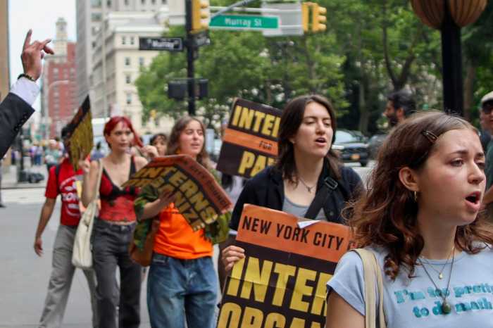 Unpaid City Council interns rallying last month in front of City Hall.