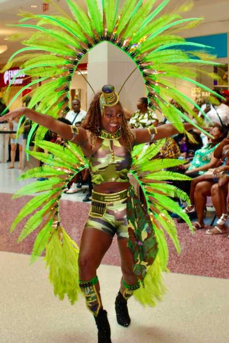 Wearing green, a teen masquerader showed off her intricately designed costume representing a section of Sesame Flyers Carnival during a July 11 Carnival launch in the Center Court of Kings Plaza in Brooklyn.