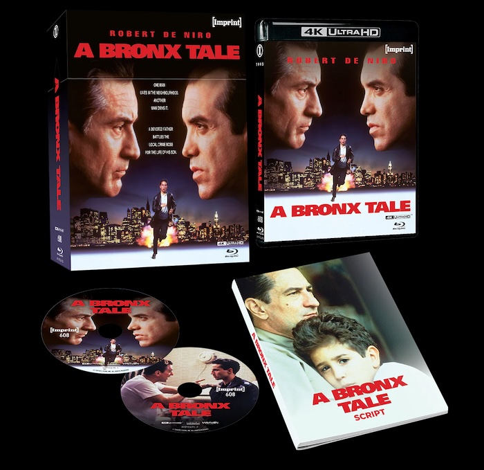 Imprint Films' deluxe A Bronx Tale Limited Edition featuring the hardbox, 4K UHD, Blu-ray, and 128-page hardcover screenplay book.