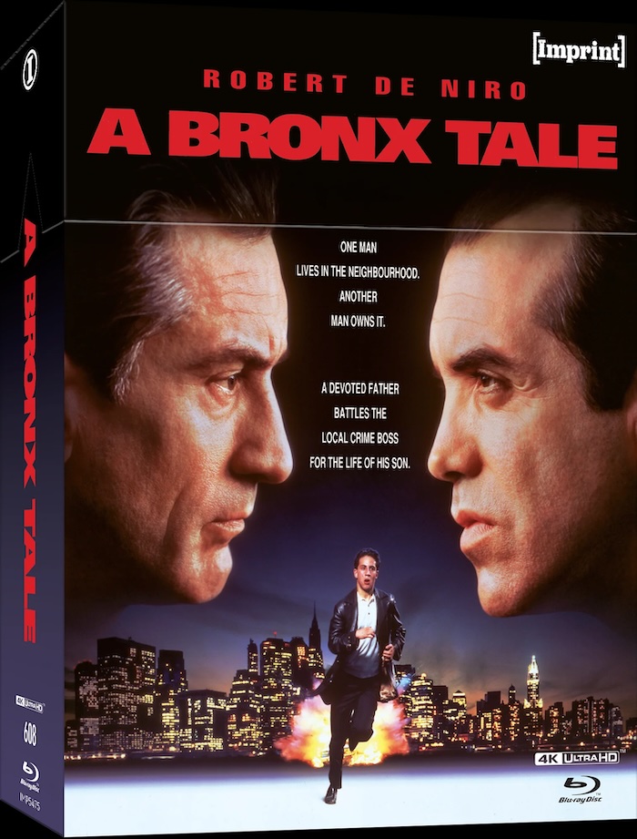 Three-quarter view of the Imprint Films A Bronx Tale Limited Edition hardbox packaging for the 4K UHD and Blu-ray release.