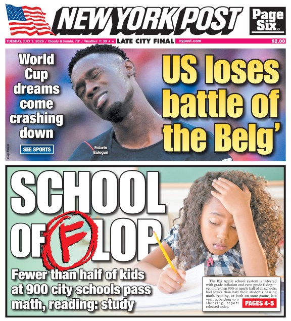 New York Post front page with headlines about US World Cup loss and school test scores.