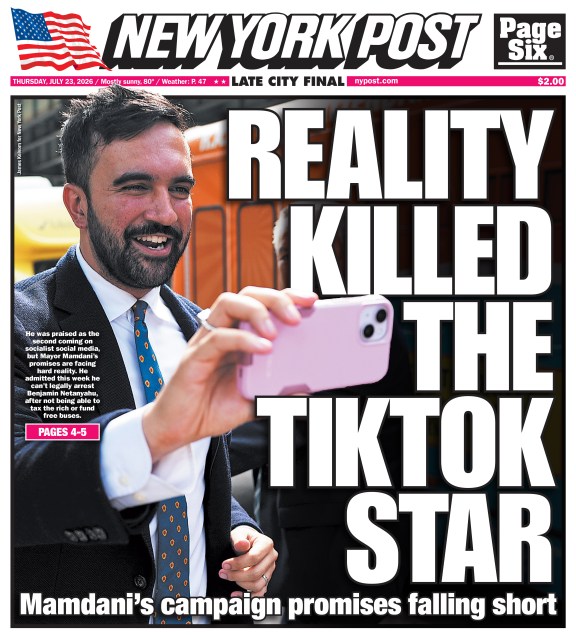 New York Post headline with a smiling man holding a pink phone and the headline "REALITY KILLED THE TIKTOK STAR."