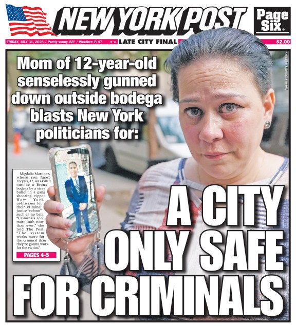 New York Post front page featuring a woman holding a phone with a picture of a boy, with the headline "Mom of 12-year-old senselessly gunned down outside bodega blasts New York politicians for: A CITY ONLY SAFE FOR CRIMINALS".