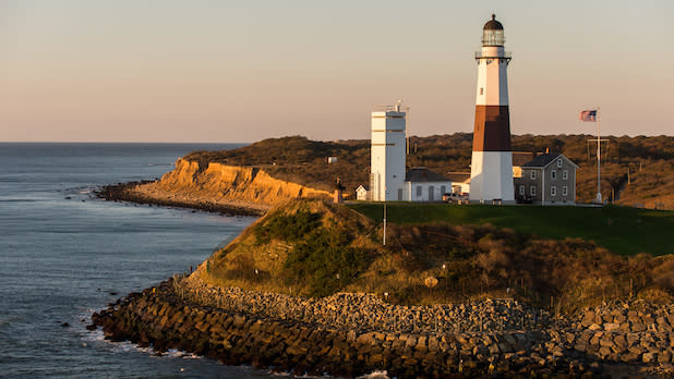 Aerial view of the Montauk Lighthouse at sunset