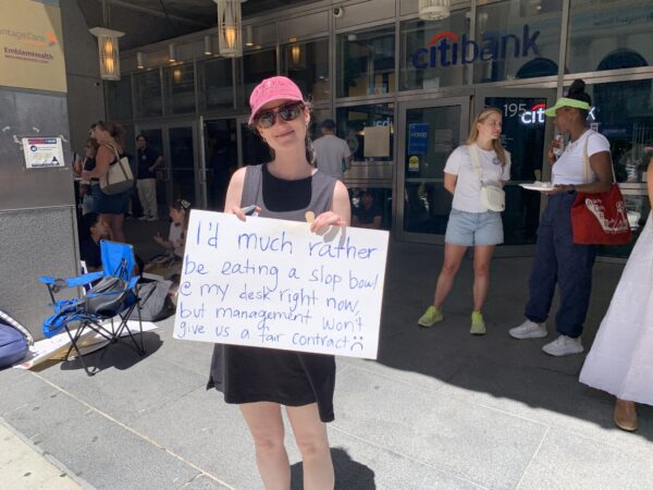 Liza Harbison is a social worker in criminal defense who was picketing outside 195 Montague St. Photo: Agatha Scaggiante/Brooklyn Eagle